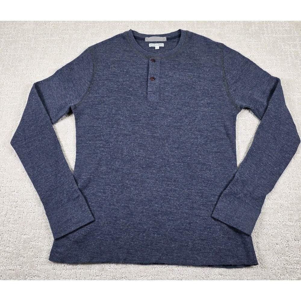 Wallace & Barnes Thermal Henley Shirt Mens Large Blue Waffle Knit‎ Long Sleeve
